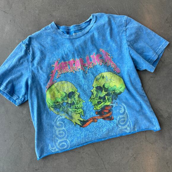 Vintage Y2k Metallica Rock Band Blue Skull Graphic Crop Tee Large - Picture 1 of 5